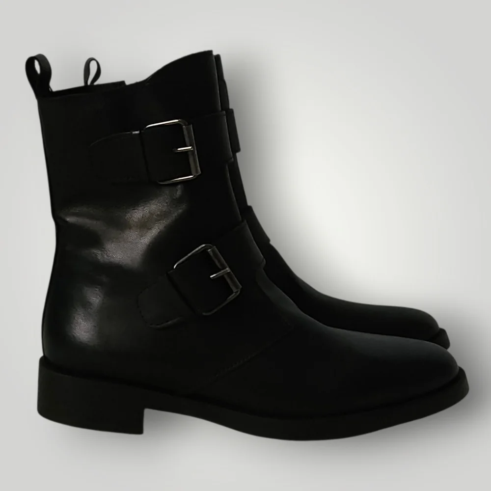 Emanuele Crasto Black Leather‎ Buckle Boots 38 US 8 Made Italy Mob Wife Moto